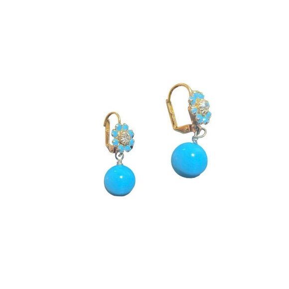 Boutique Jewelry - Turquoise Pierced Dangle Earrings Rhinestones Prong Set Gold Delicate